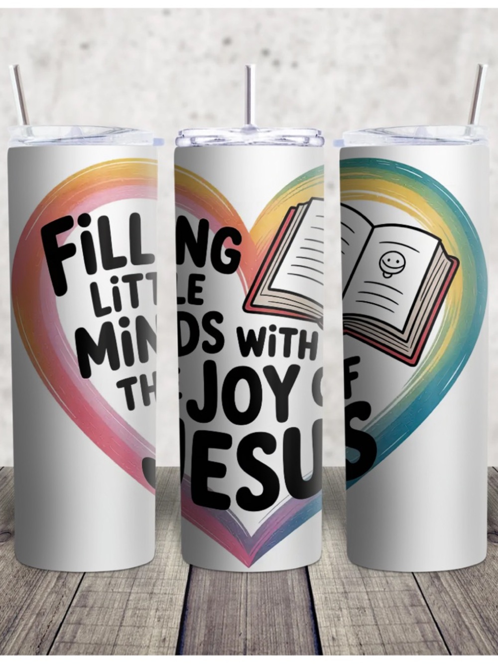 Hand Crafted Rainbow Heart Scripture Travel Tumbler - White